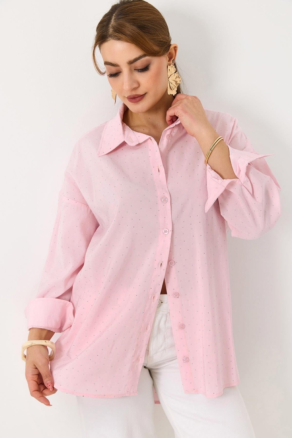 Kadın Taş Detaylı Oversize Şık Gömlek Pembe