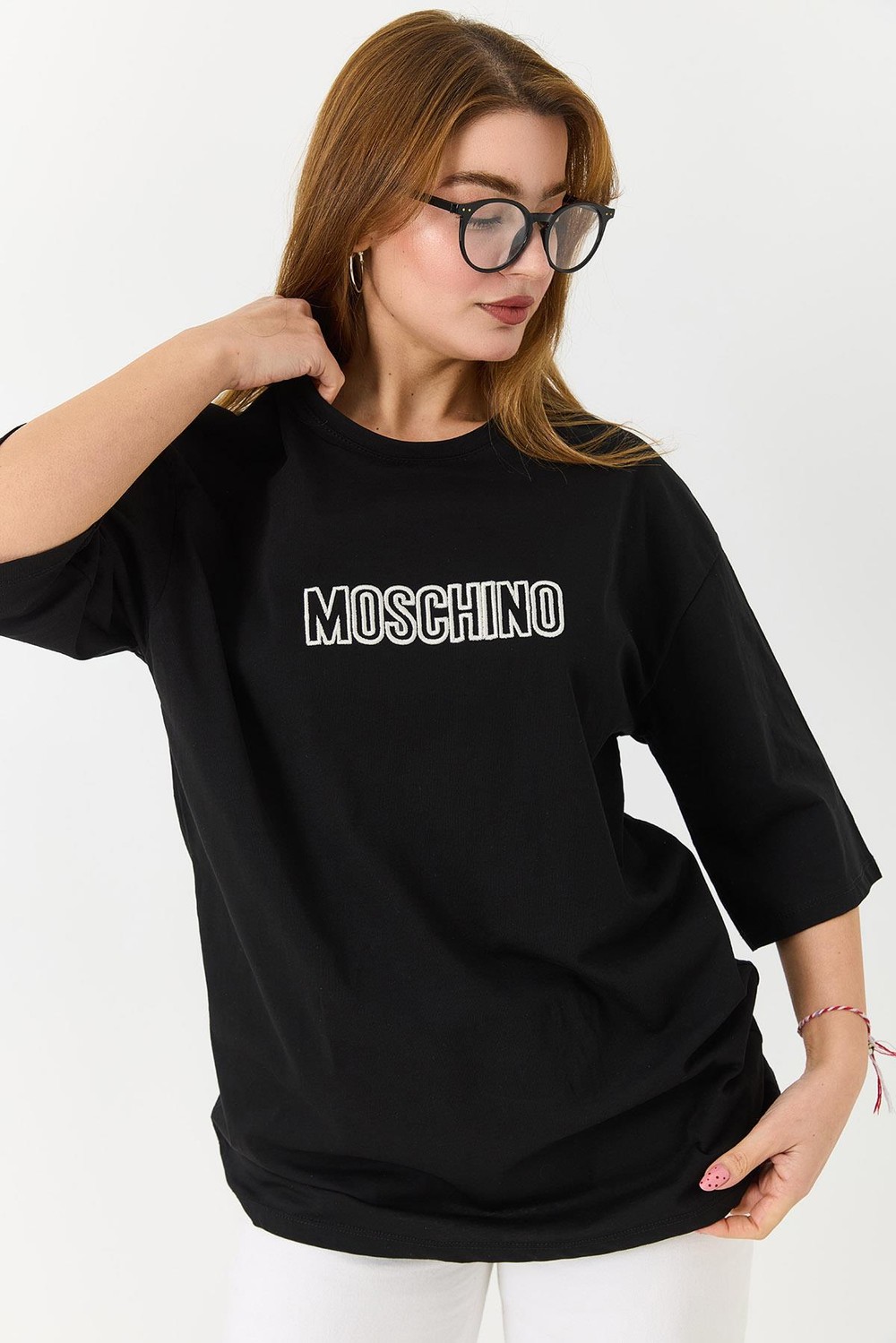 Kadın  Yazı Baskılı Bisiklet Yaka Tshirt Siyah