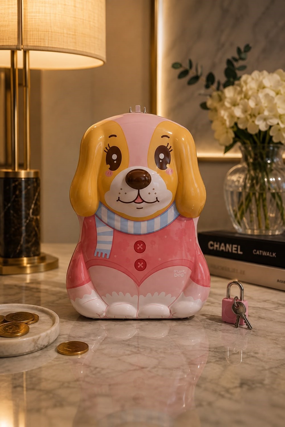 Köpek Figürlü Kilitli Kumbara Pembe