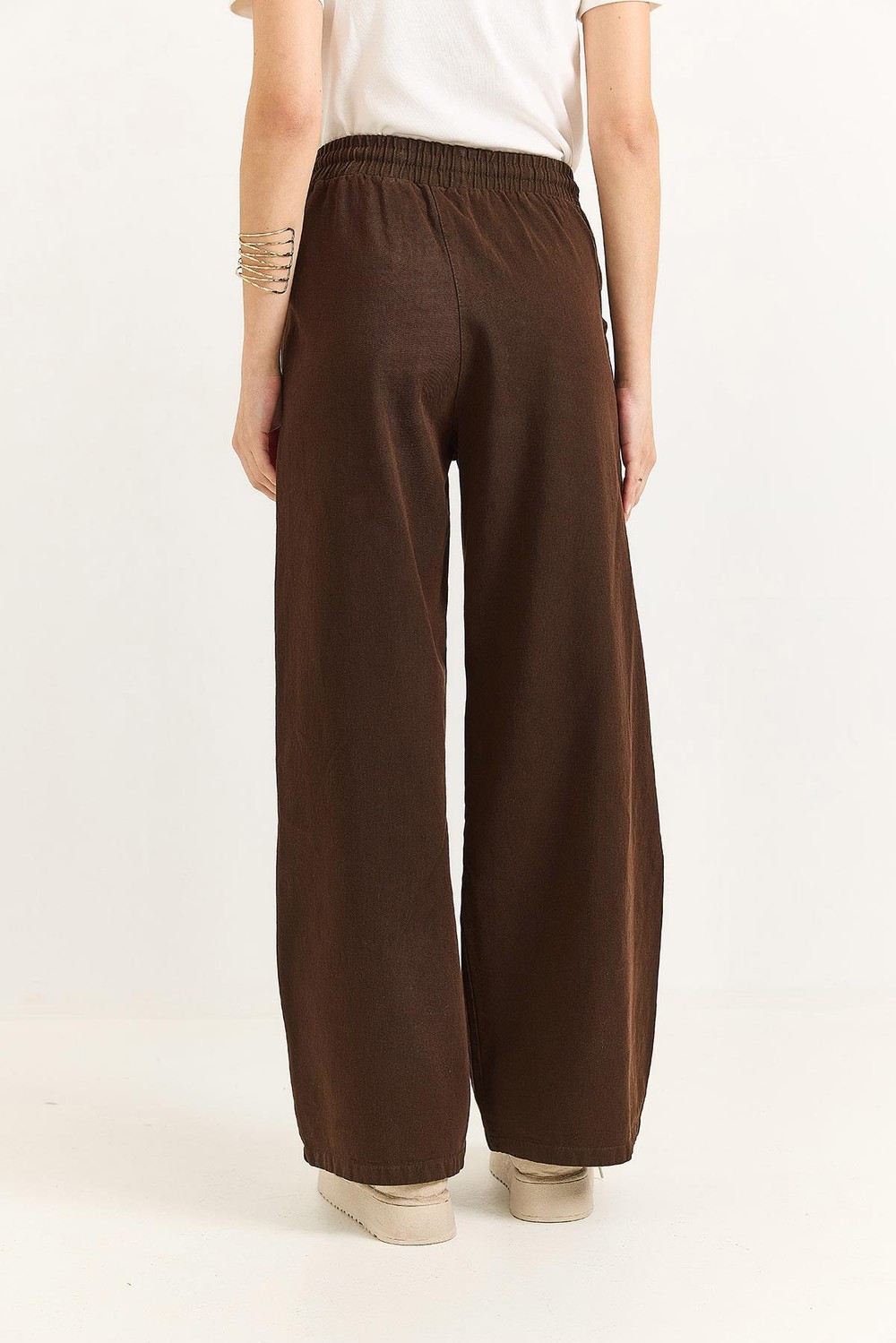Kadın Pantalon Geniş Paça Bağcıklı  Pantalon Kahverengi