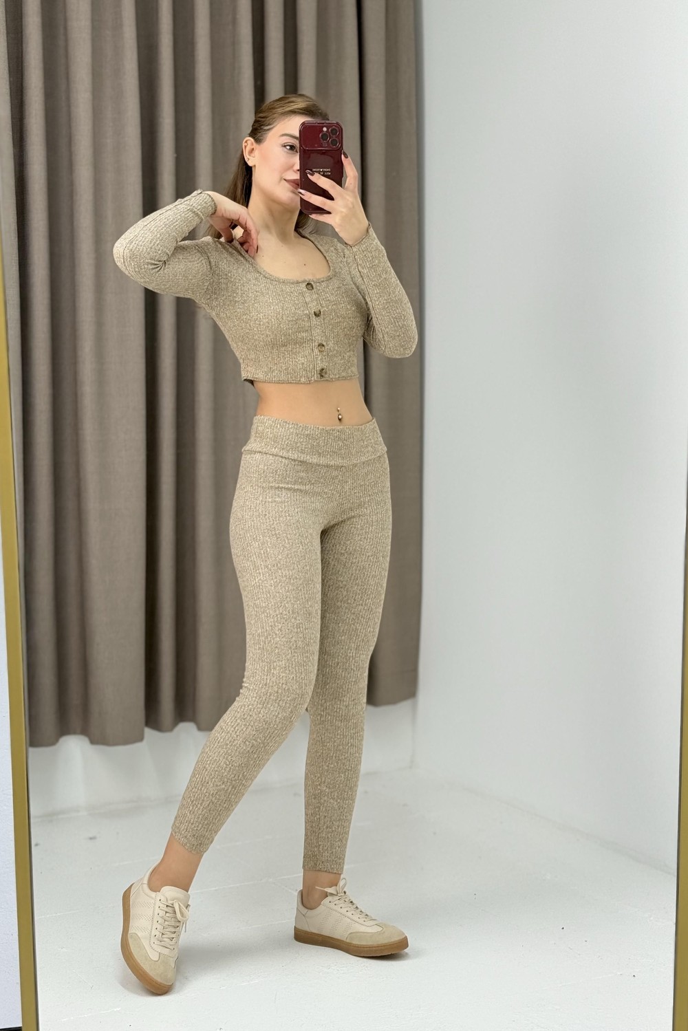 Kadın Düğmeli Crop Tayt İkili Fitilli Takım Vizon