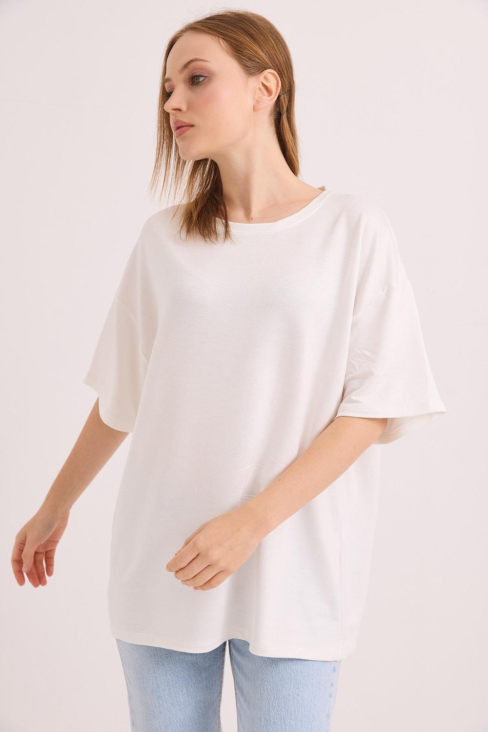 Oversize Yumuşak Dokulu Salaş T-Shirt Ekru