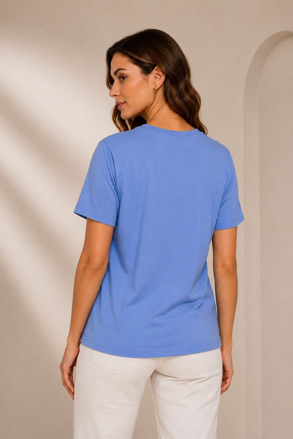 Kadın Taş Detaylı Bisiklet Yaka Oversize Tshirt Mavi