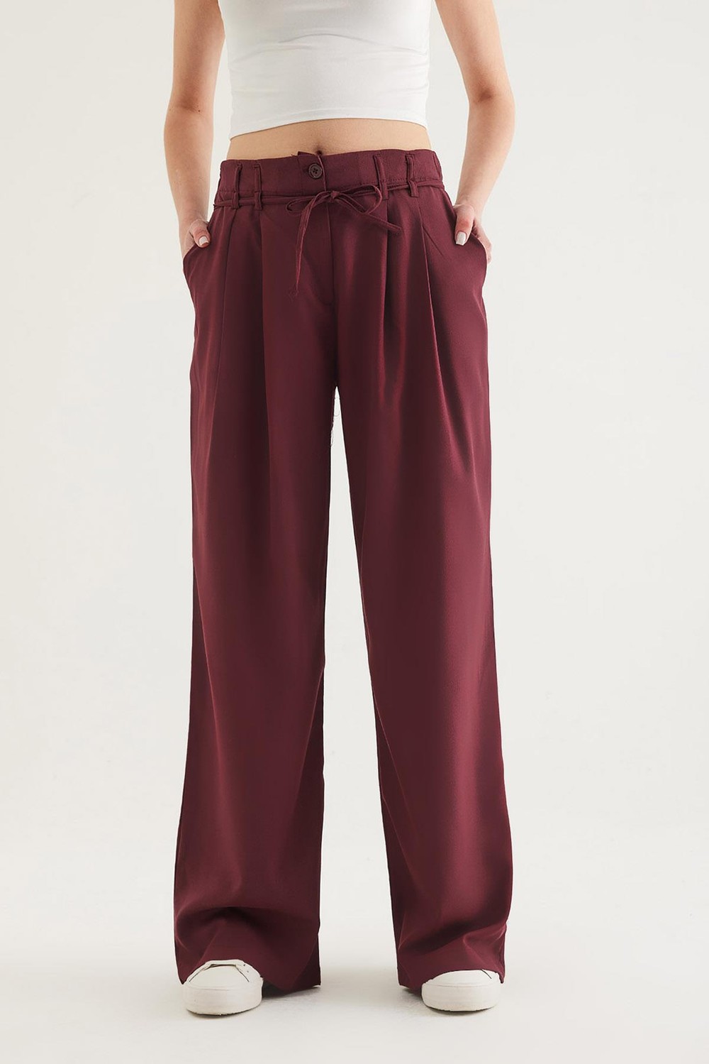 Kendinden Kemerli Cepli Bol Pantolon Bordo