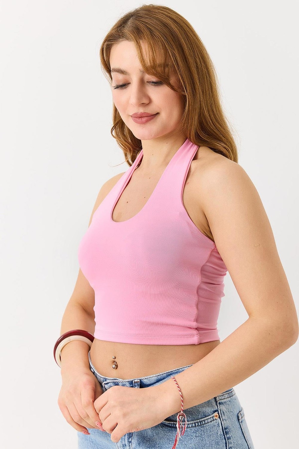 Kadın Boyundan Askılı  Crop Bluz Pembe