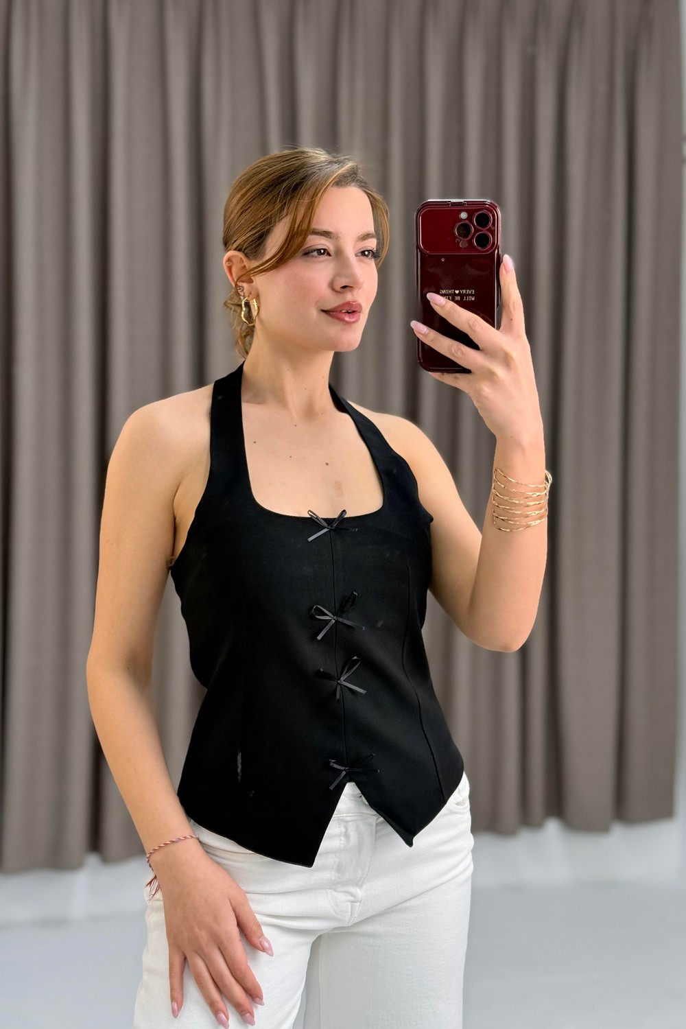 Kadın Boyun Askılı Sırttan Fermuarlı Crop Bluz Siyah