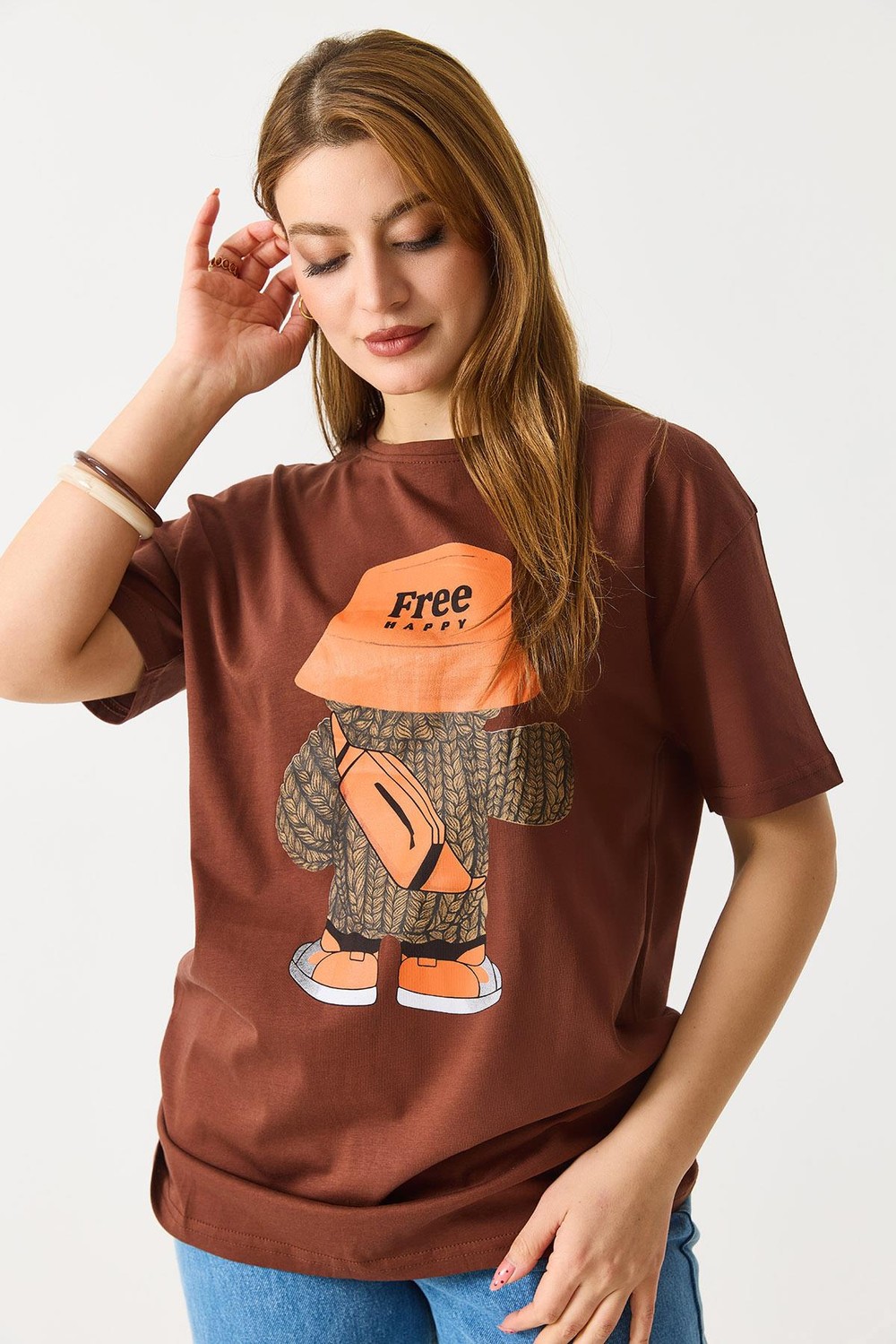 Kadın Baskılı Bisiklet Yaka Kısa Kol Tshirt Kahverengi