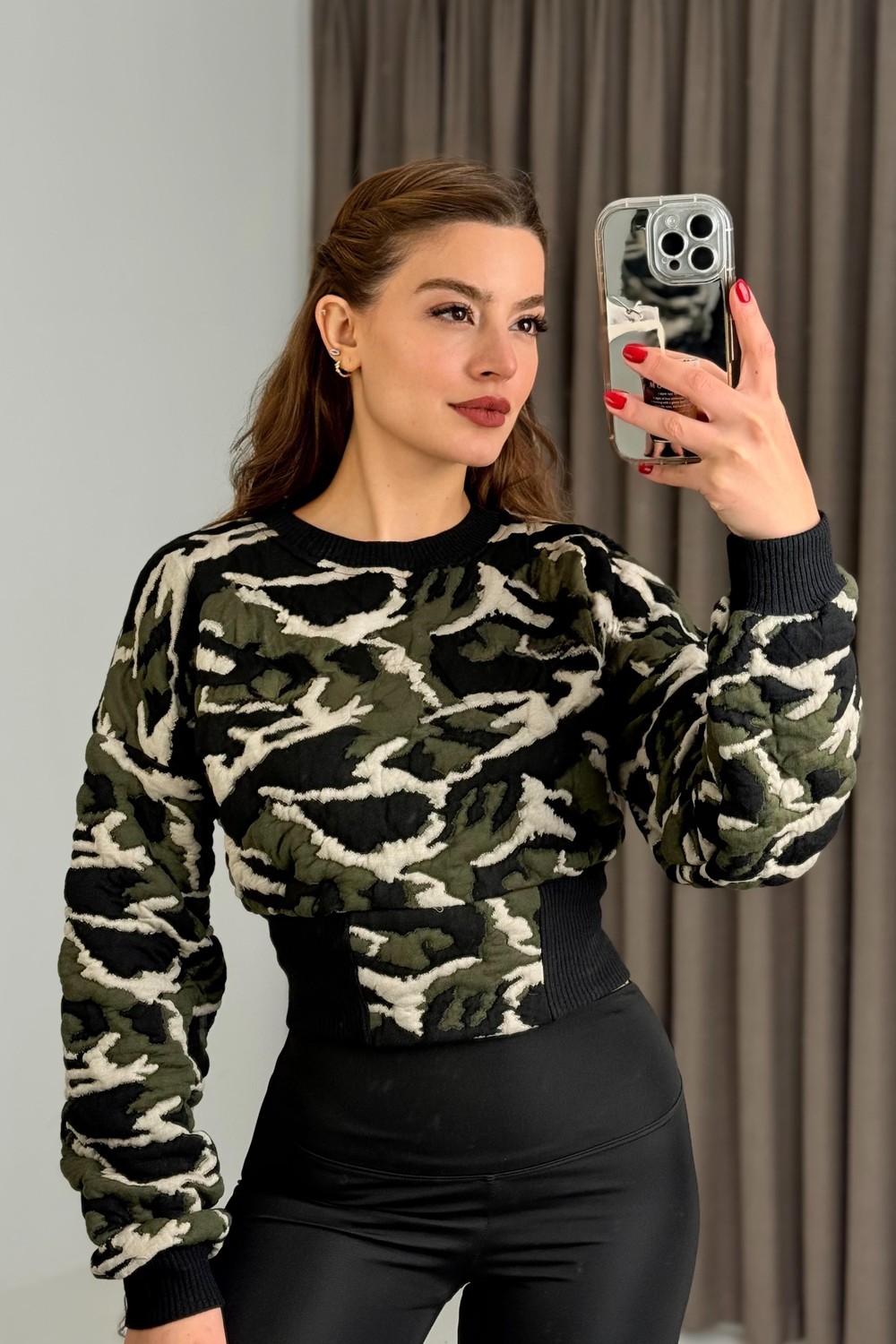 Kadın Haki Kamuflaj  Crop Sweat