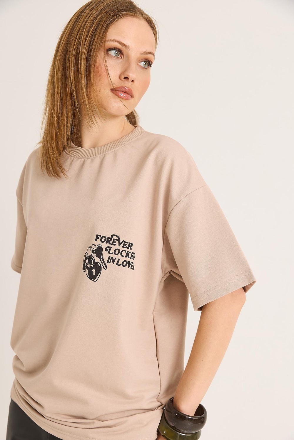 Baskılı Oversize İki İplik Tshirt Vizon