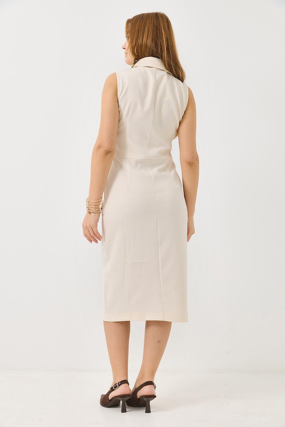 Kruvaze Yaka Wrap Blazer Midi Boy Elbise Ekru 