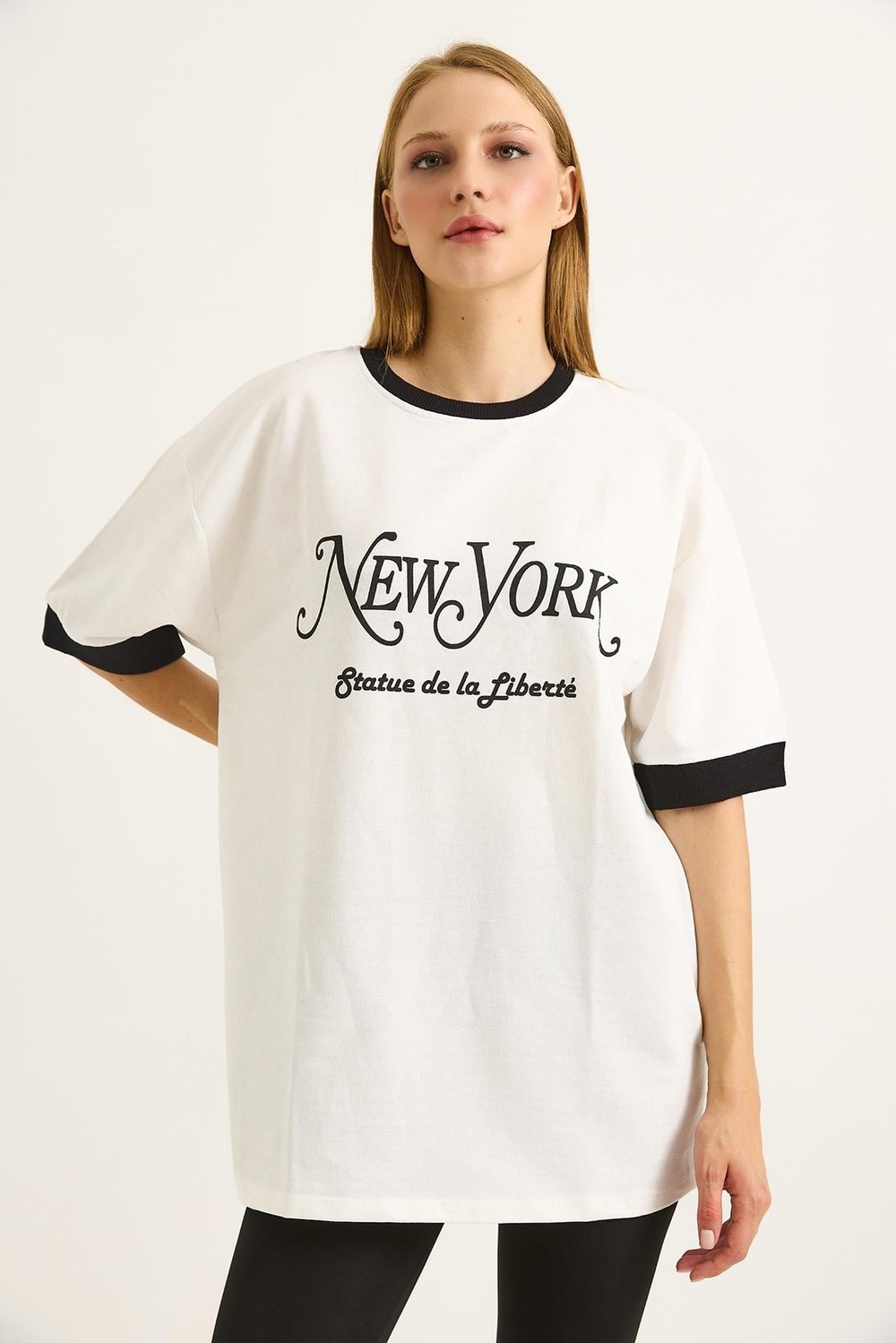 Kolları Garnili Baskılı  Oversize Kadın Tshirt