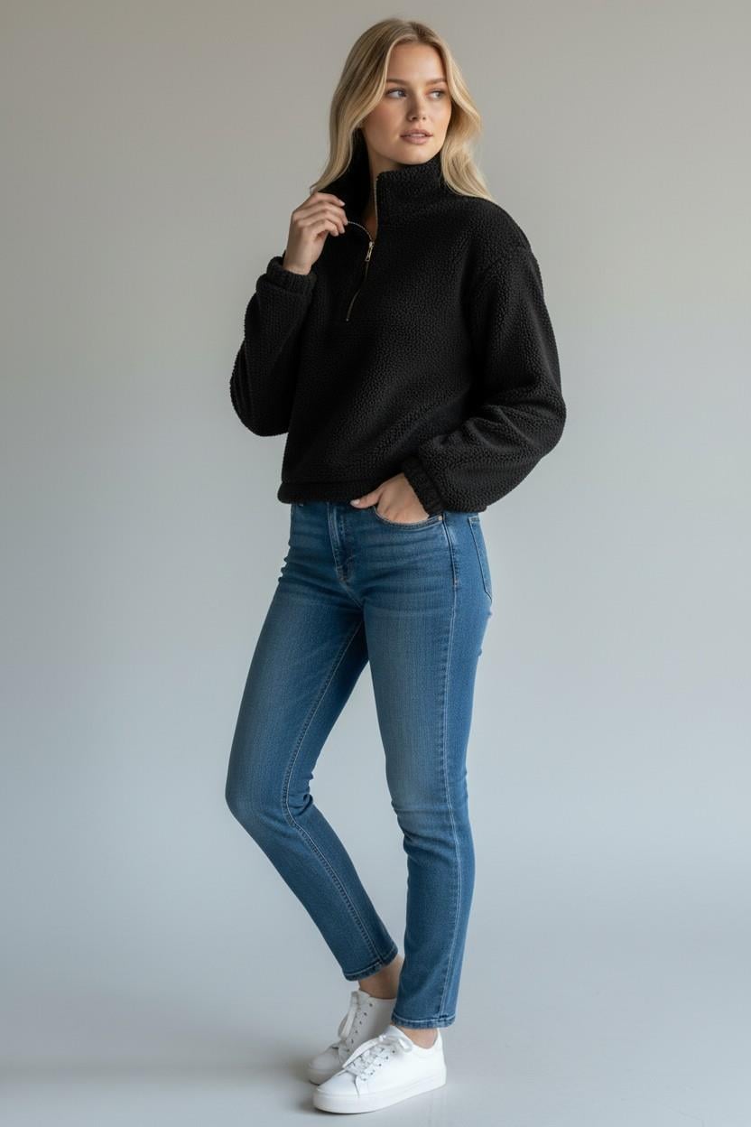Kadın Yarım Fermuarlı Altı Büzgülü Siyah Sweatshirt