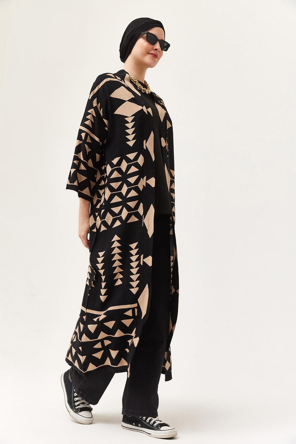 Oversize Şerit Detaylı Kimono Hırka Vizon