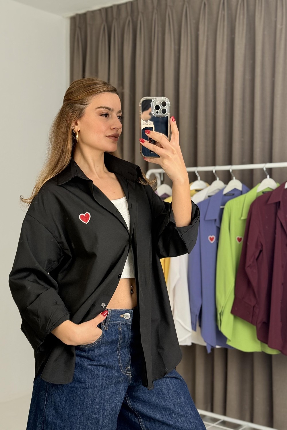 Ayıck Nakışlı Oversize Basic Gömlek Siyah