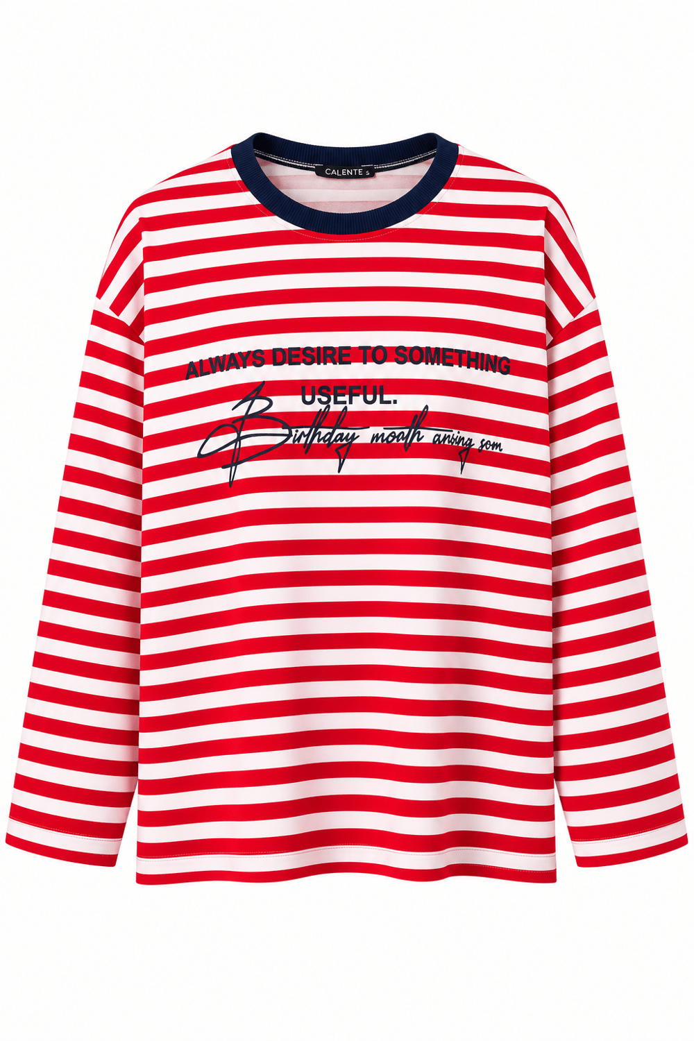 Kadın Bisiklet Yaka Baskılı Çizgili Sweatshirt Kırmızı
