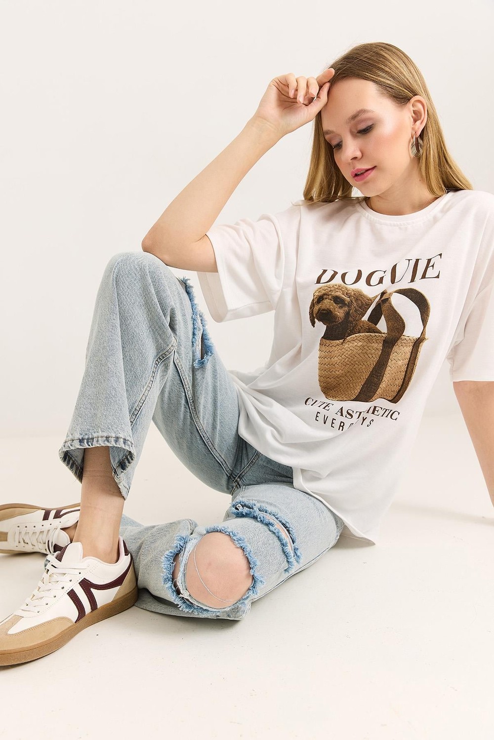 Baskılı Bisiklet Yaka Basic Tshirt Beyaz