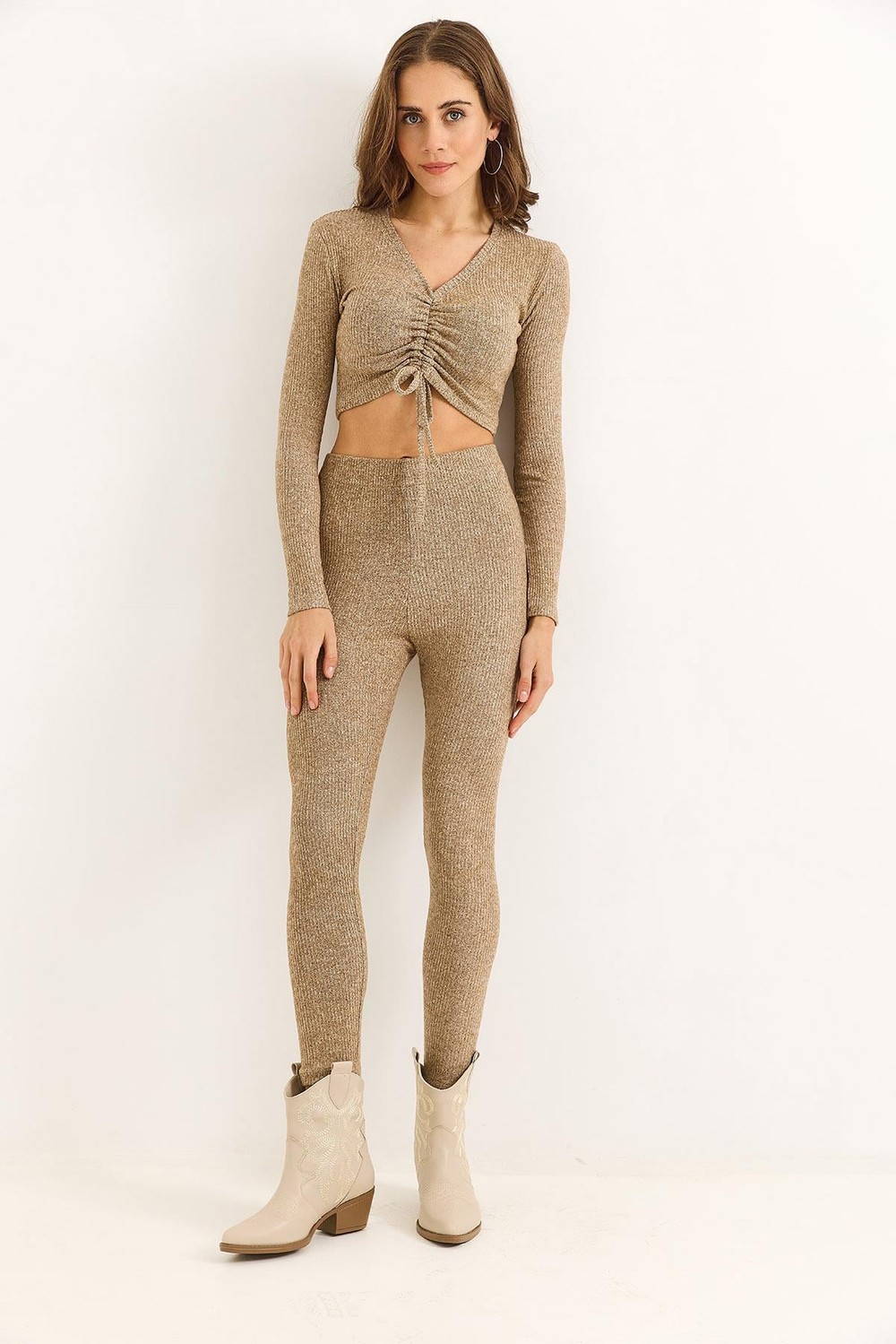 Kadın Fitilli Crop Bluz Pantalon Vizon Takım