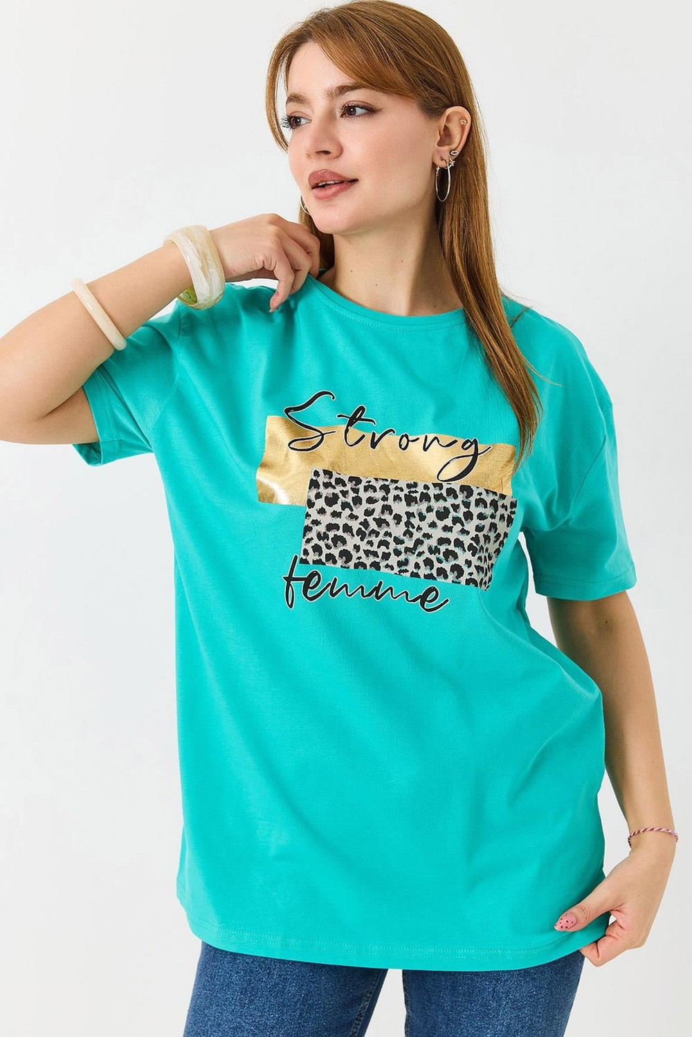 Kadın Bisiklet Yaka Baskılı Kısa Kol Tshirt Yeşil