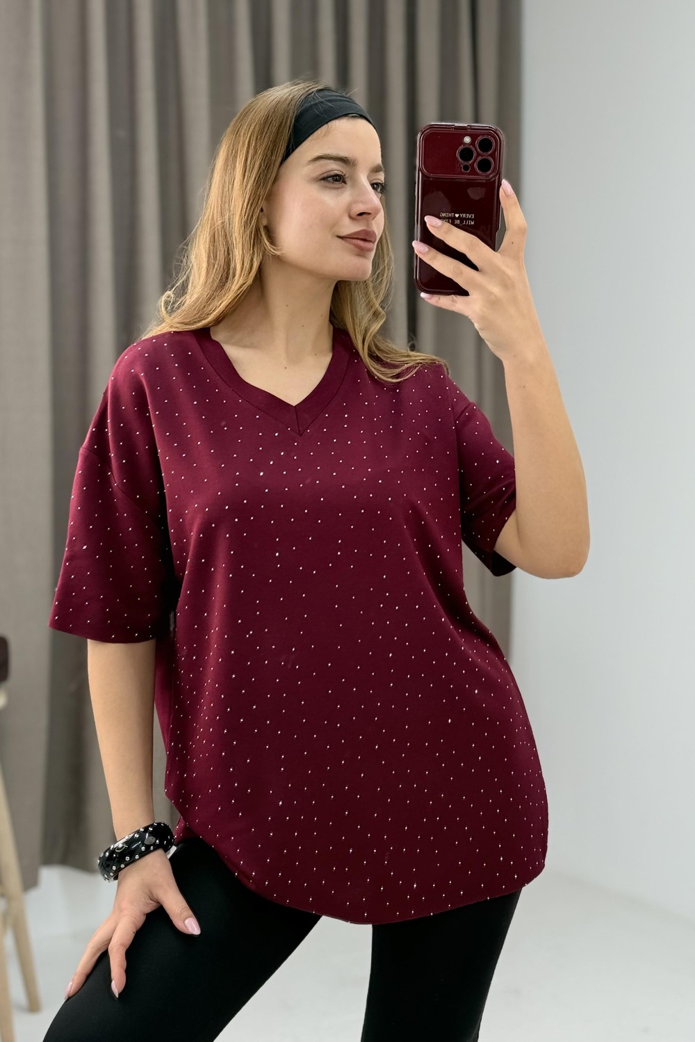 V Yaka Taşlı Yarım Kol T-shirt Bordo