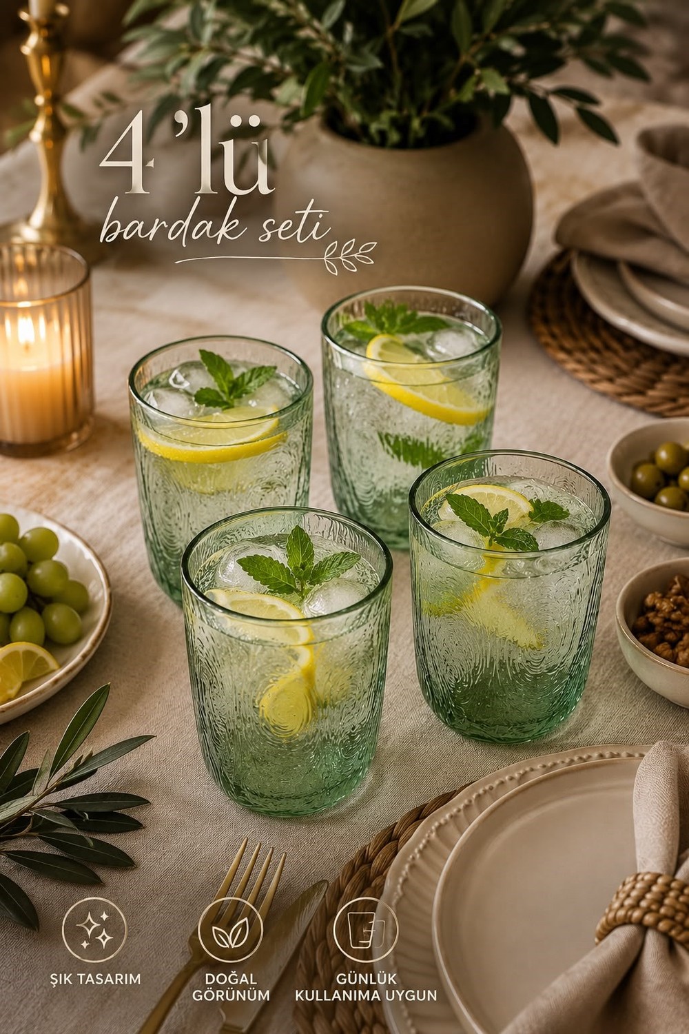 Paşabahçe Geri Dönüşütülmüş 4 lü  Yeşil Cam Bardak 
