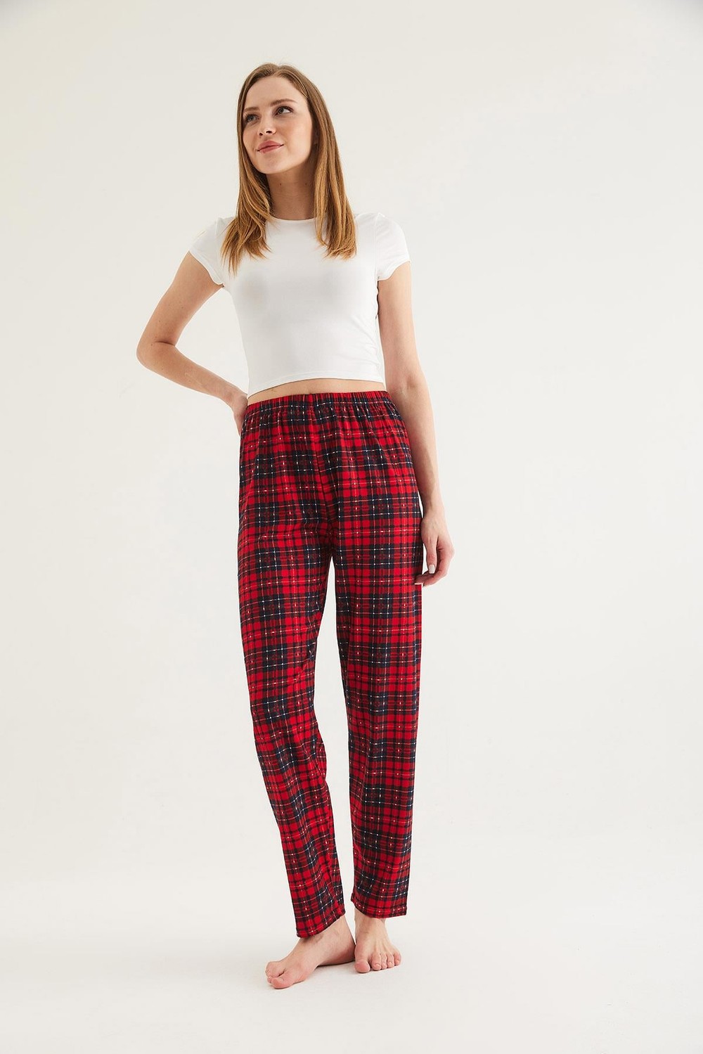  Ekose Desen Kadın Pijama Altı Kırmızı 