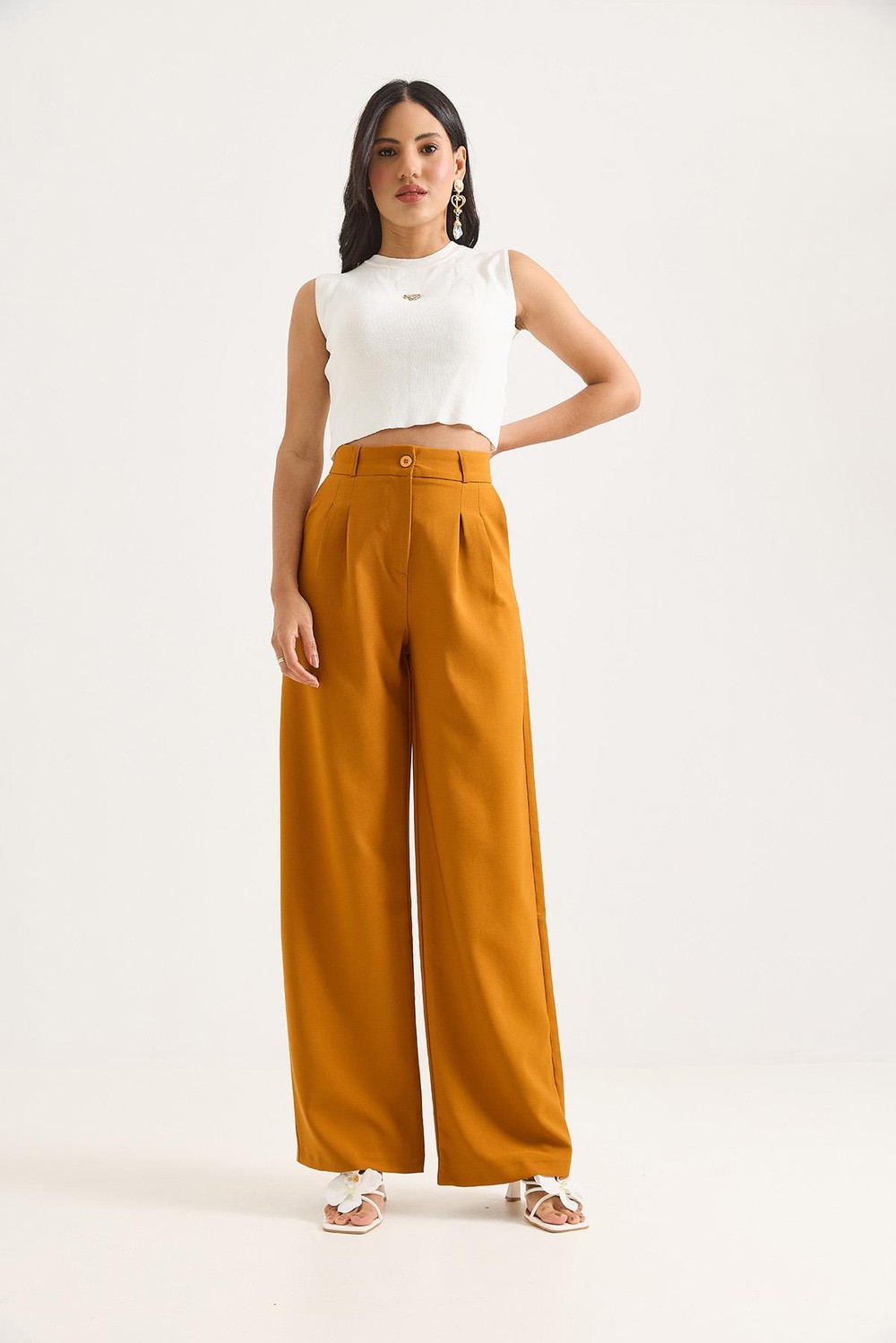 Yüksek Bel Bol Paça Pantalon Hardal