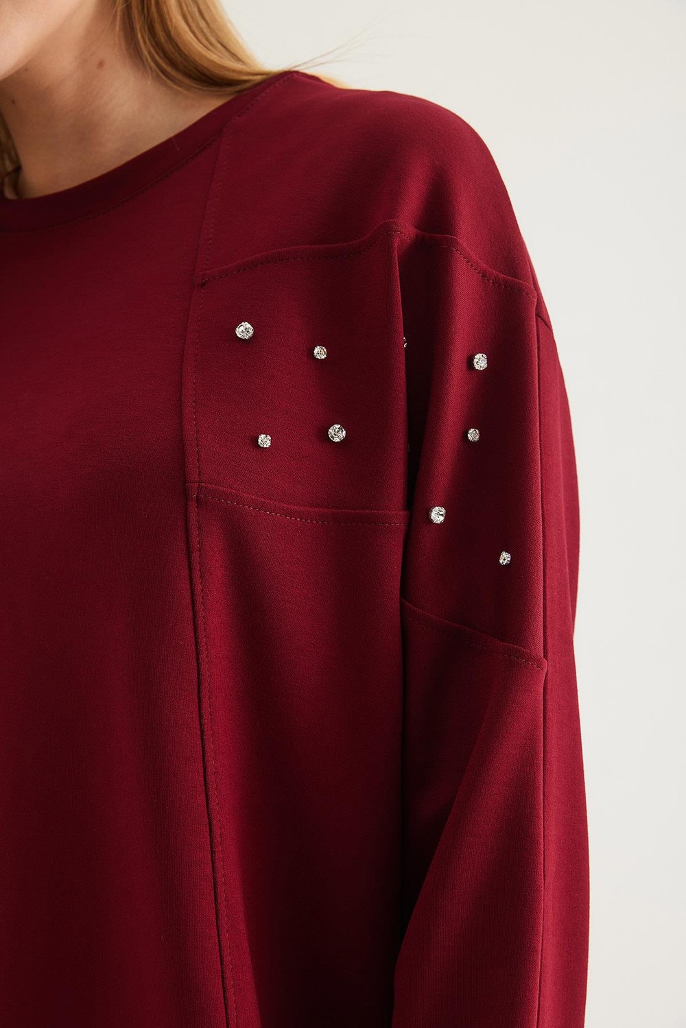 Taş Detaylı Modal Sweatshirt Bordo