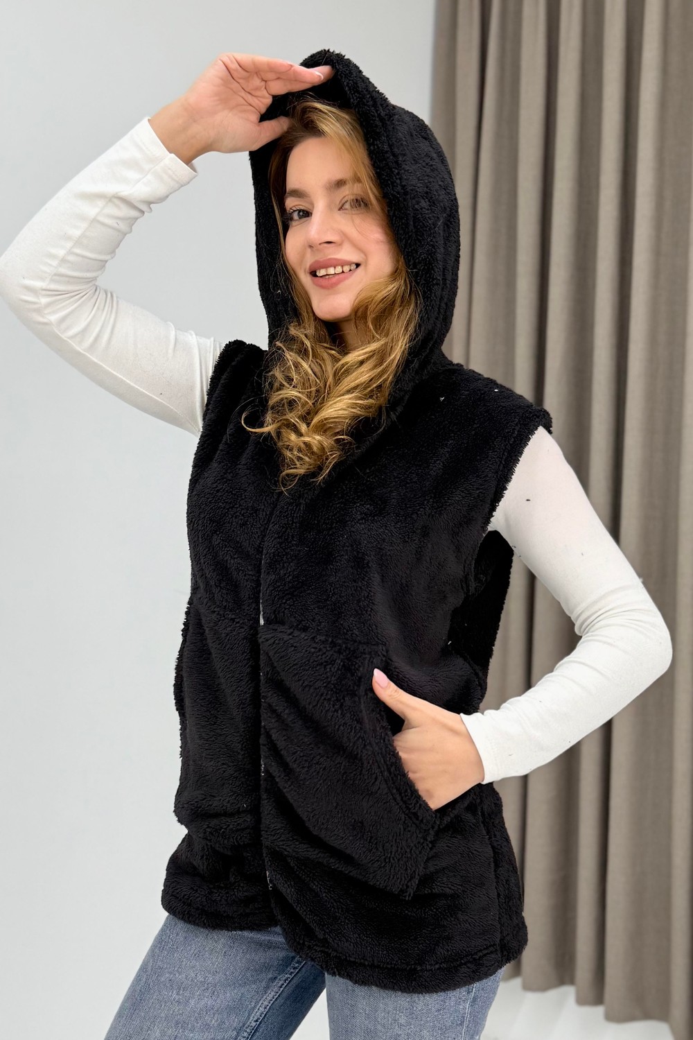 Kadın Kapüşonlu Kanguru Cepli Welsoft Sweat Siyah