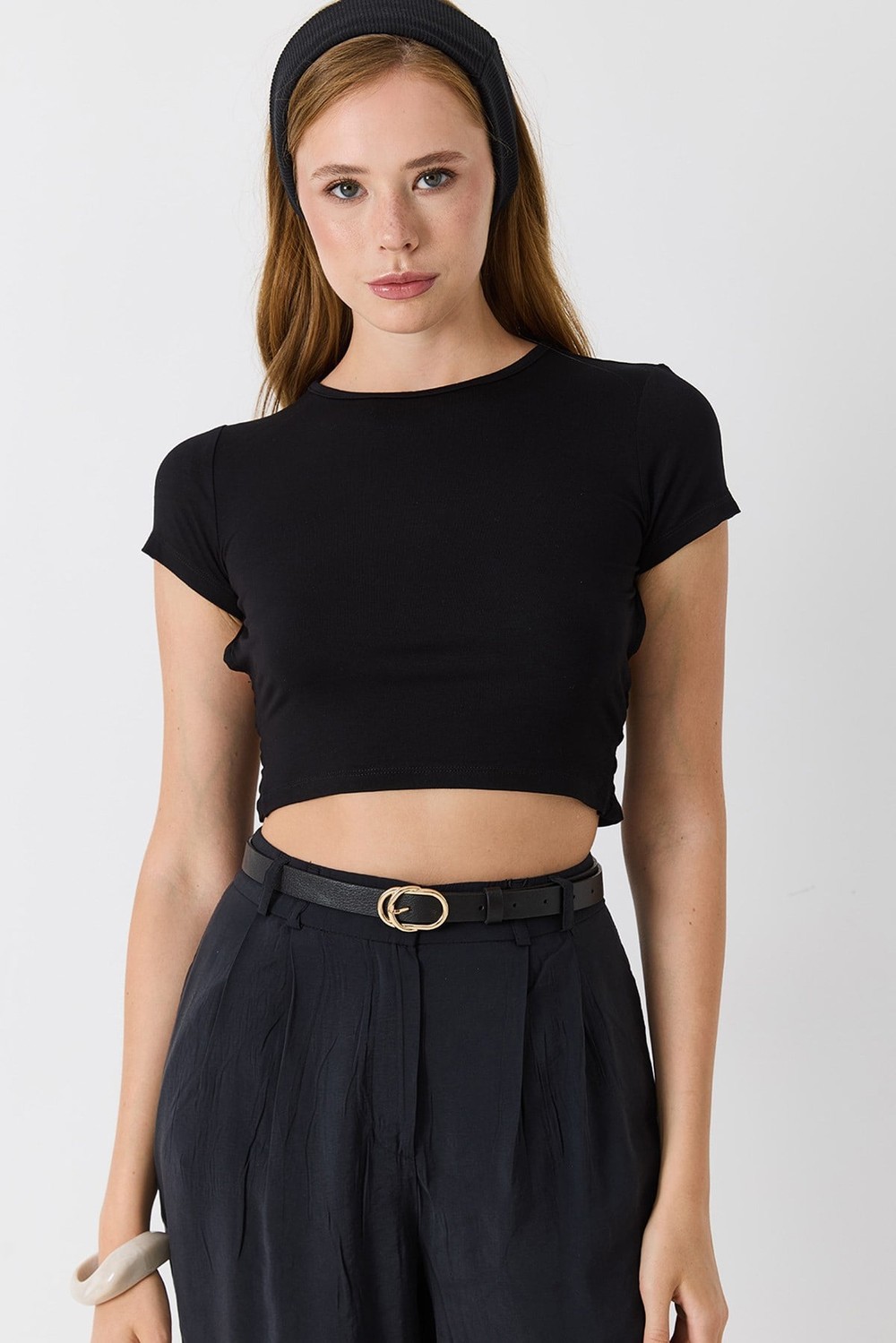 Kadın Bisiklet Yaka Sırt Dekolteli Crop Bluz Siyah