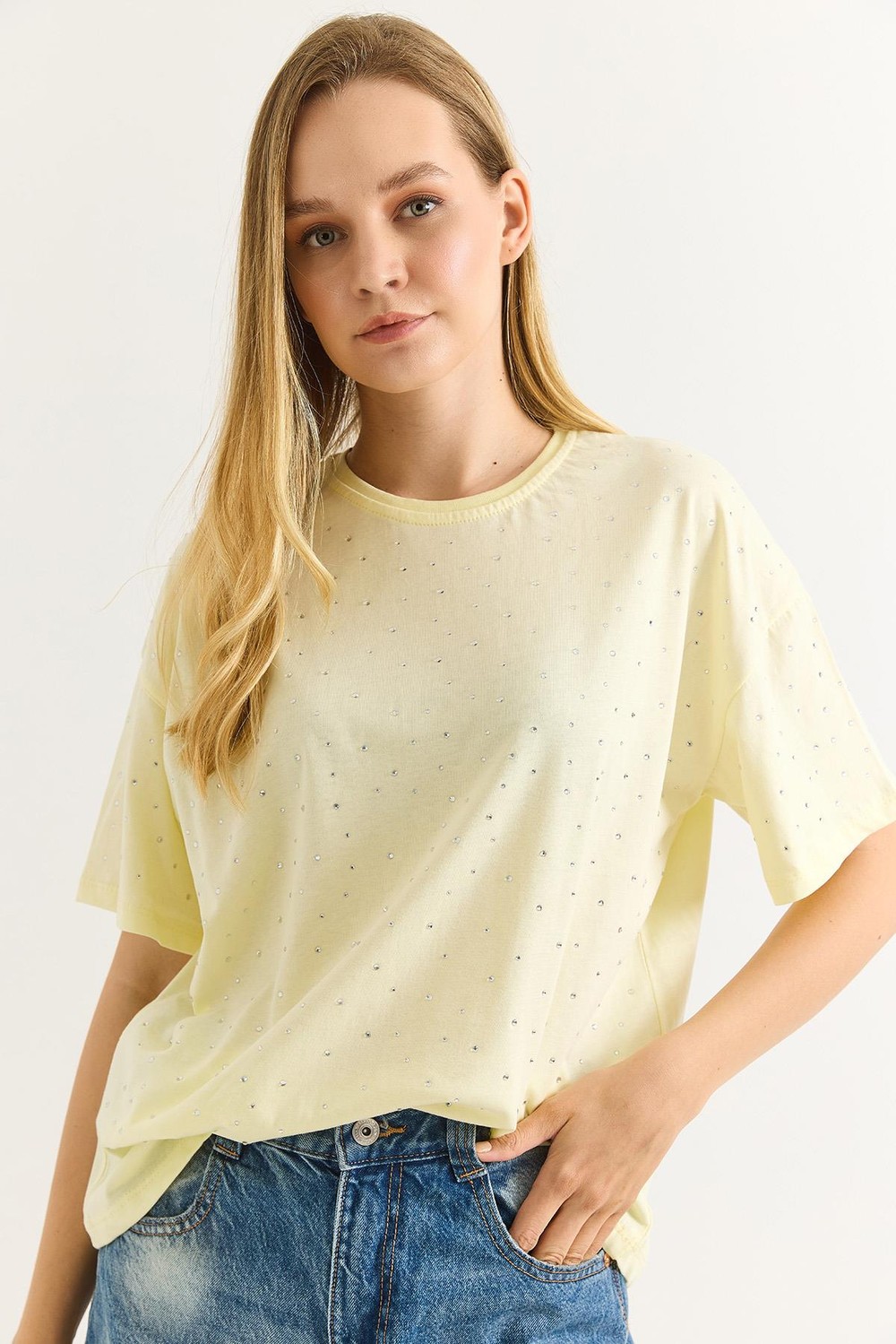 Taş Detaylı Rahat Kalıp Premium Pamuk Tshirt Sarı