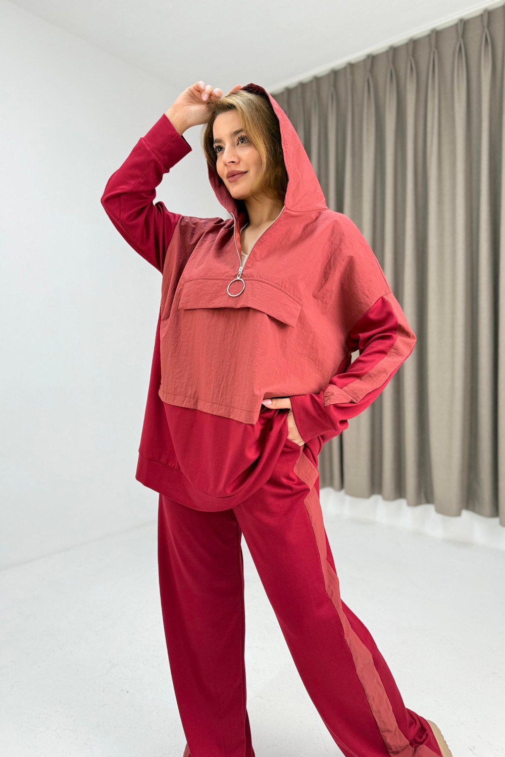 Kadın Beli Lastikli Yarım Fermuarlı Oversize Kpüşonlu Eşofman Takım Kırmızı