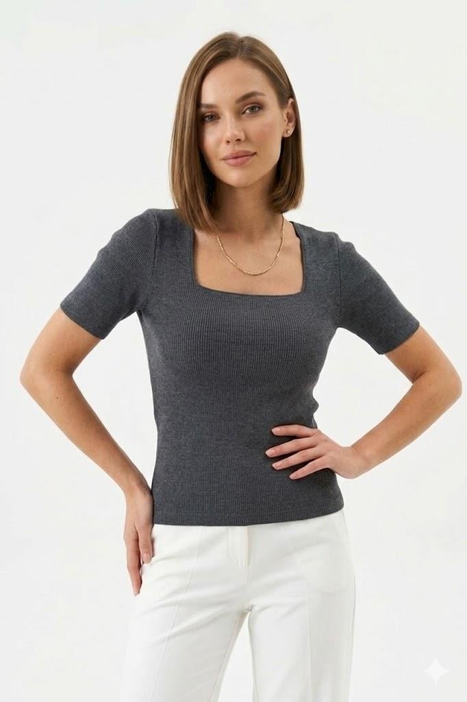 Kadın Kare Yaka Kaşkorse Crop Bluz Antrasit