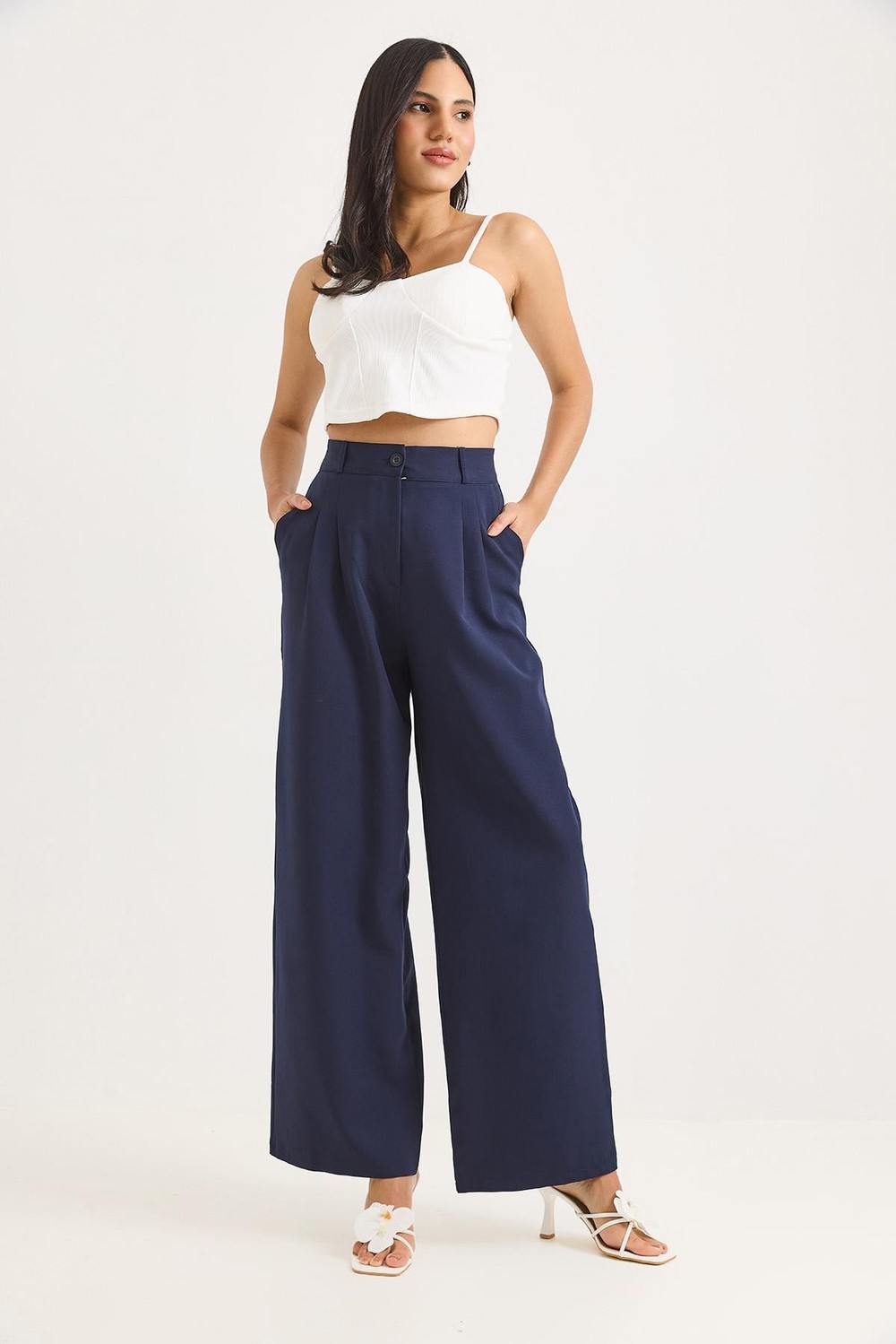 Yüksek Bel Bol Paça Pantalon Lacivert