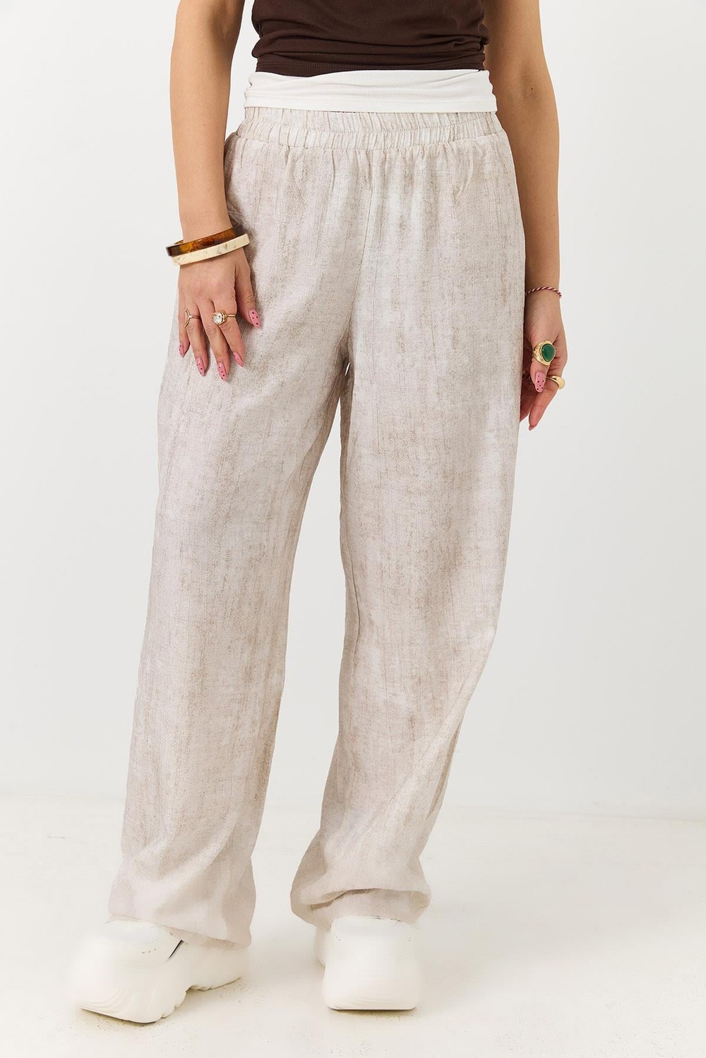 Kadın Desenli Beli Lastikli Bol Kesim Pantalon Bej 