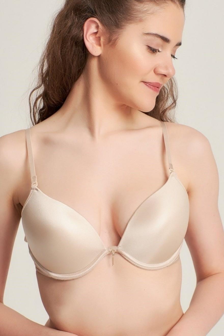 Kadın Desteksiz Push-up Taşlı Biyeli Micro Sütyen  Pudra