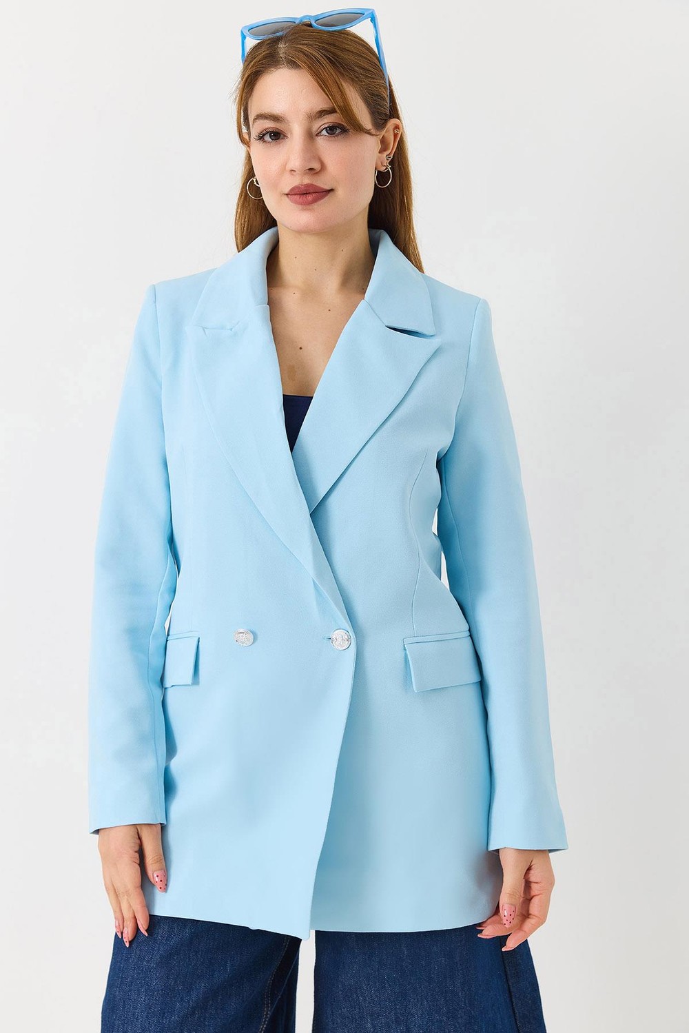 Kadın Kruvaze Yaka Çift Düğmeli Blazer Ceket Açık Mavi
