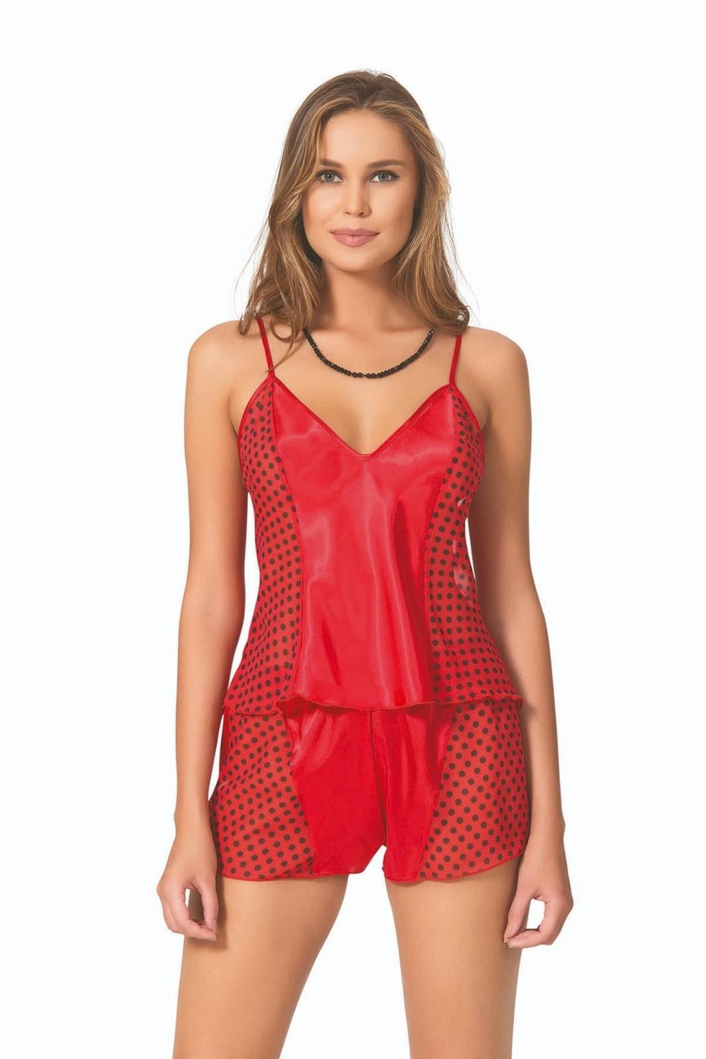 Kadın Kırmızı Saten Babydoll  Siyah Benekli Şort Takımı