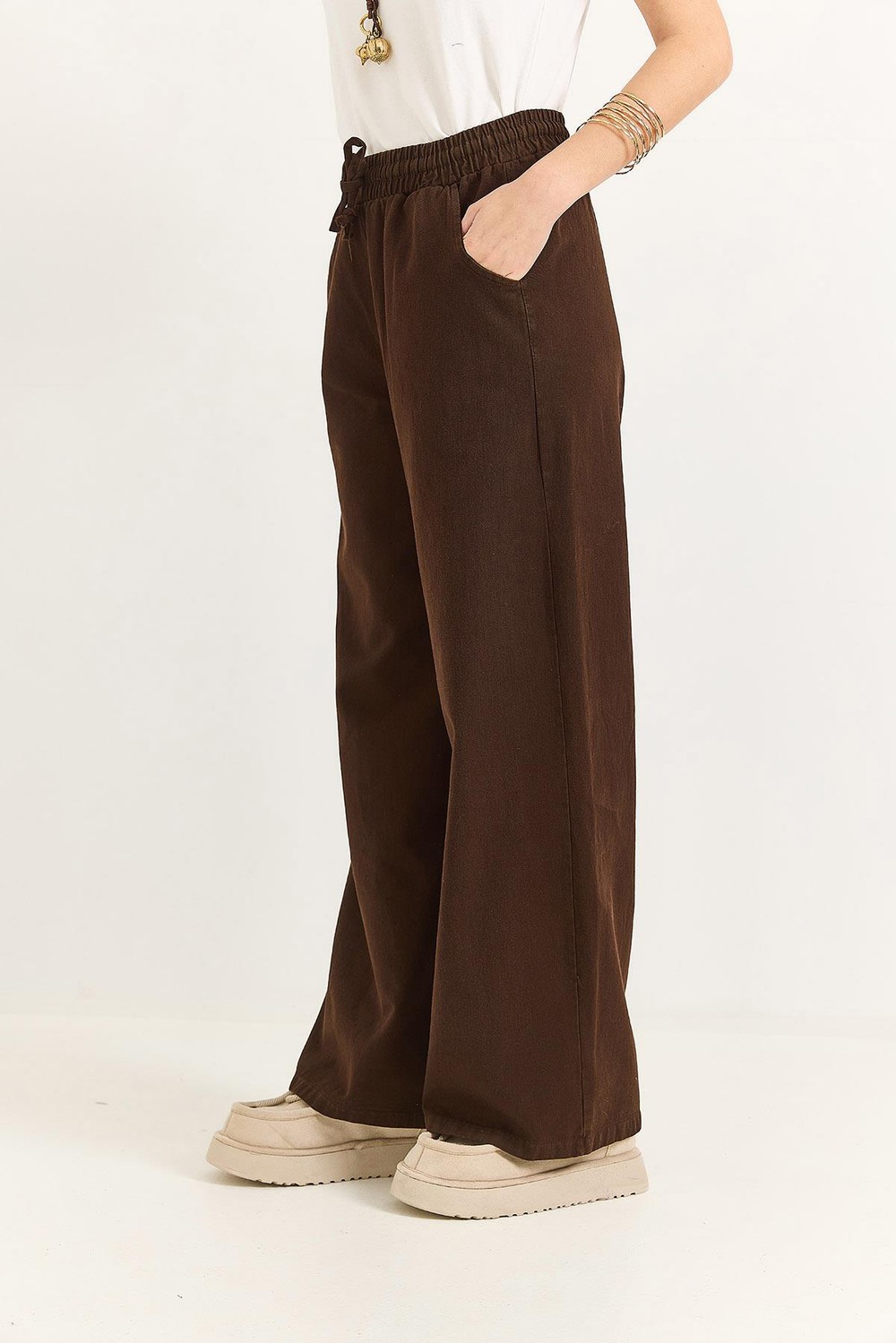Kadın Pantalon Geniş Paça Bağcıklı  Pantalon Kahverengi