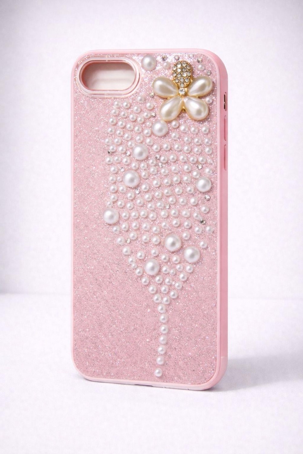 İphone 16 E Uyumlu İnci ve Glitter Detaylı Kılıf Pembe