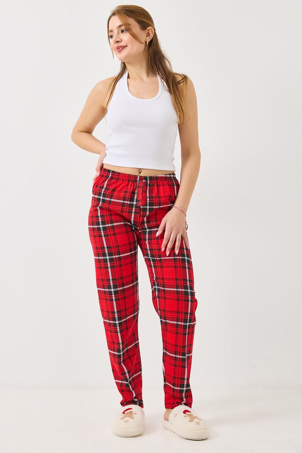 Ekose Desen Beli Lastikli Pijama Altı Kırmızı