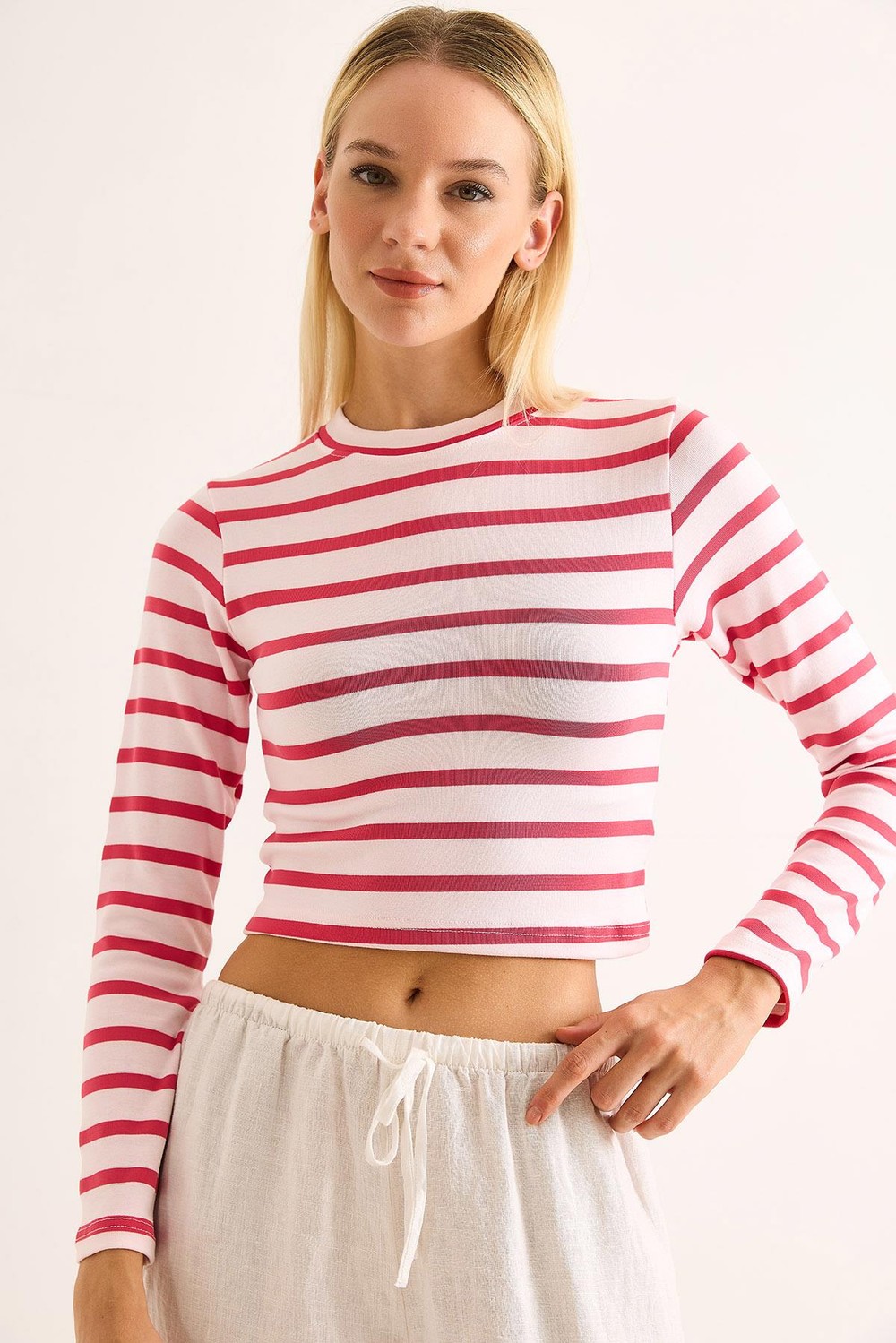 Kadın Çizgi Desenli Crop Bluz Fuşya