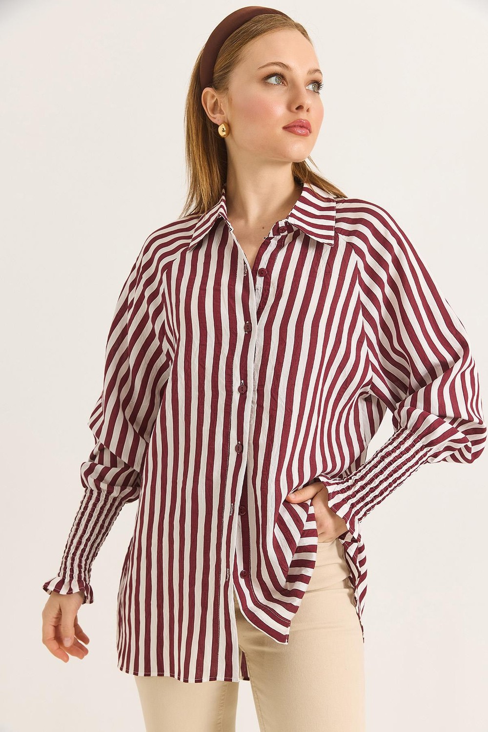 Manşet Detaylı Oversize Şık Gömlek Bordo