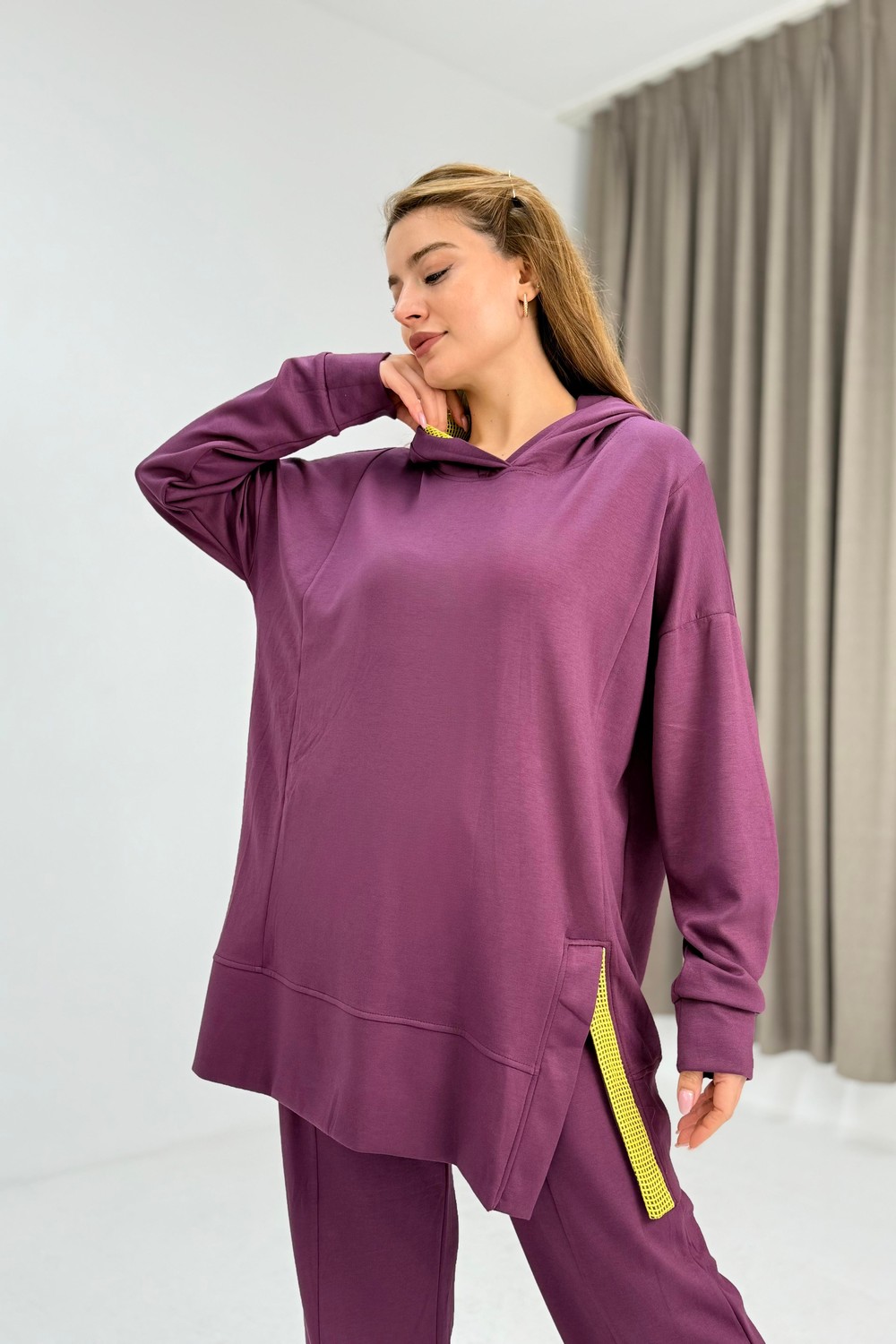 Kadın Paça Detaylı Kapüşonlu Oversize Eşofman Takım Mürdüm