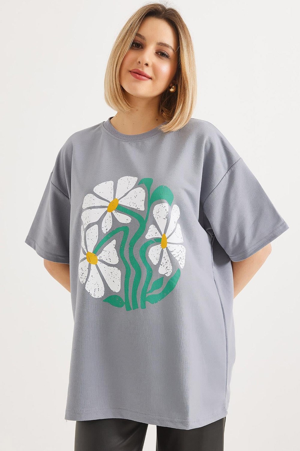 Baskılı Bisiklet Yaka Tshirt Gri