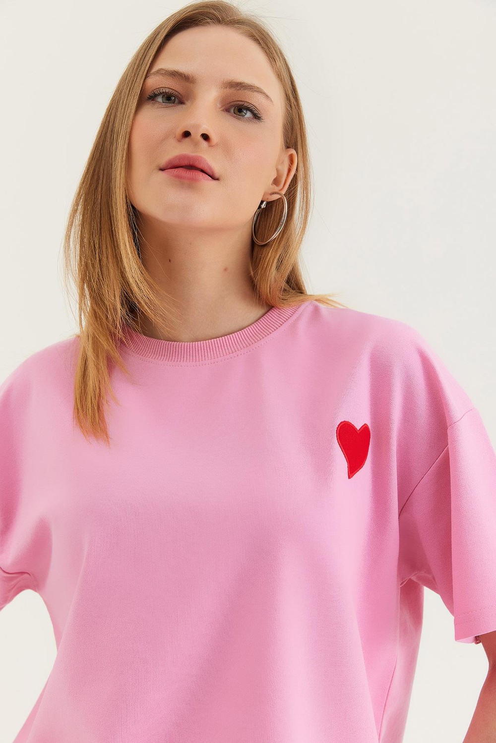 Bisiklet Yaka Oversize T-Shirt Pembe