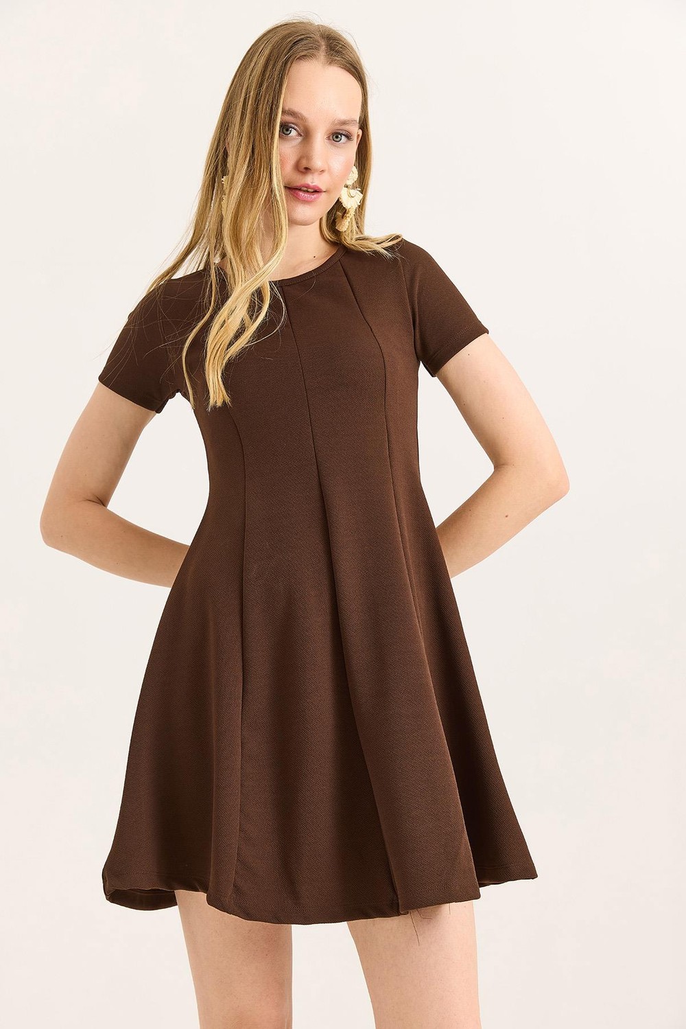 Trend Mini Kloş Elbise Kahverengi