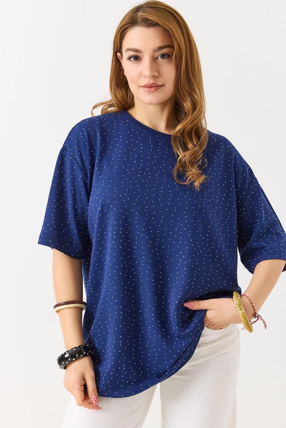 Kadın Taş Detaylı Bsiklet Yaka Oversize Tshirt Lacivert