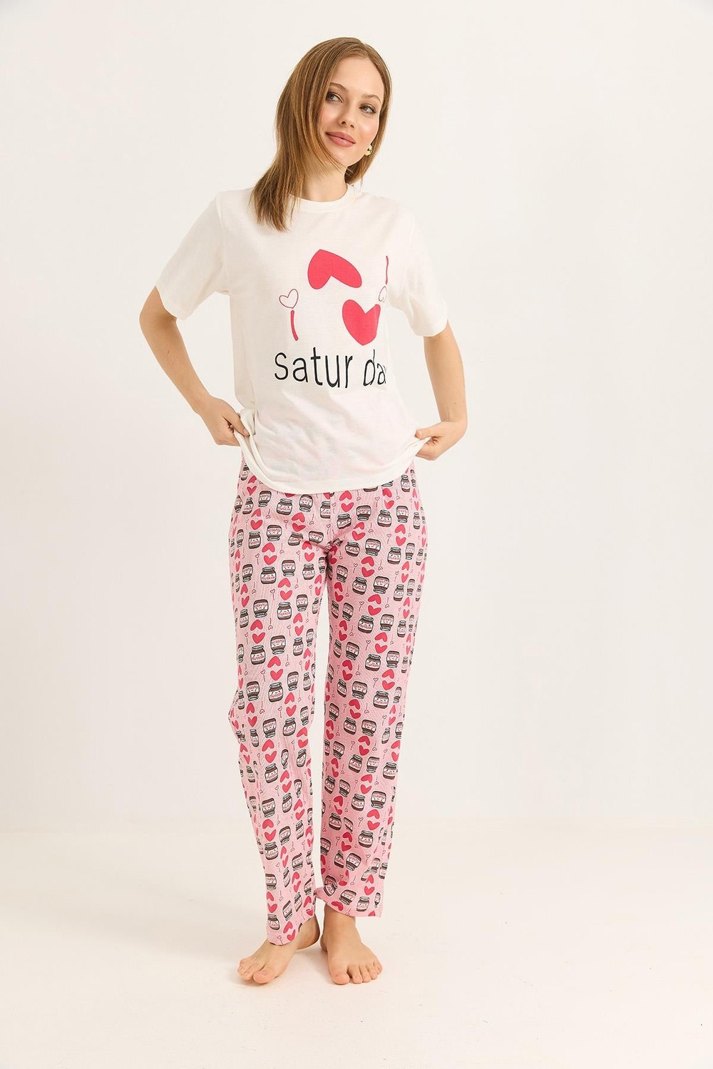 Bisiklet Yaka Beli Lastikli Pijama Takım Pembe