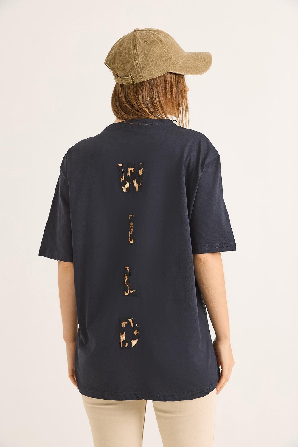 Ön Arka Nakışlı Oversize Pamuk T-Shirt Antrasit