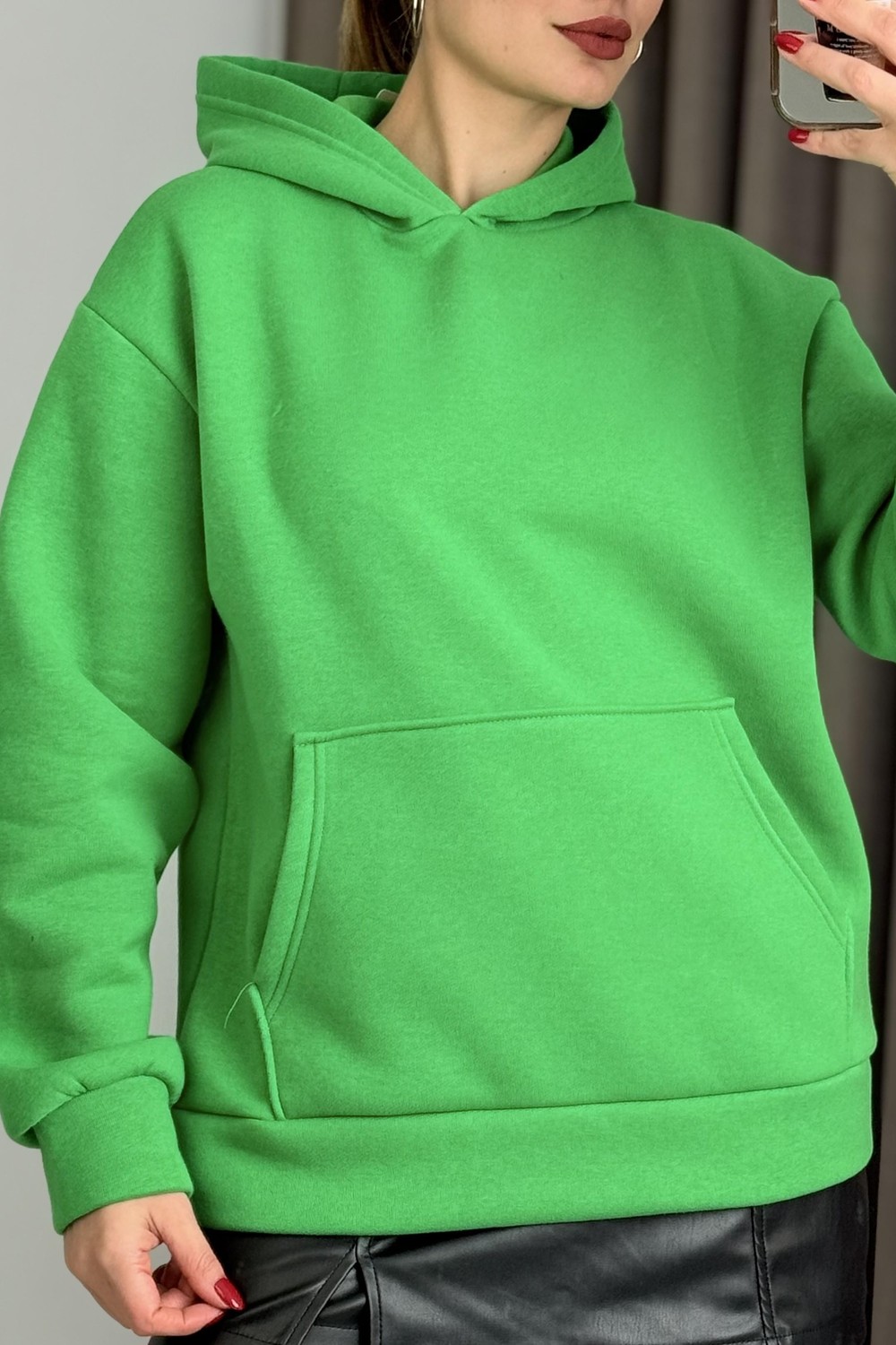 Üç İplik Yeşil Şardonlu Kangru Cepli Kapişonlu Sweat